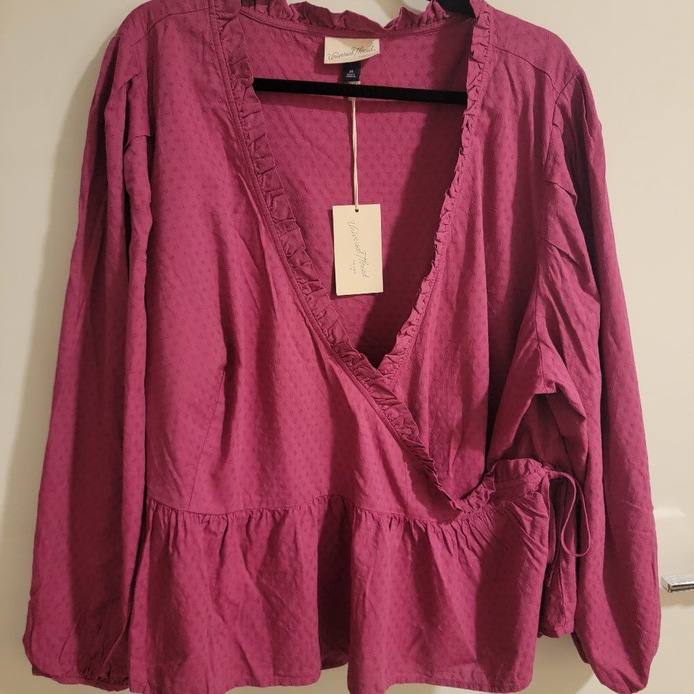 Universal Thread 2X NWT Cranberry Pink Swiss Dot Cotton Peplum Ruffle Wrap Top
